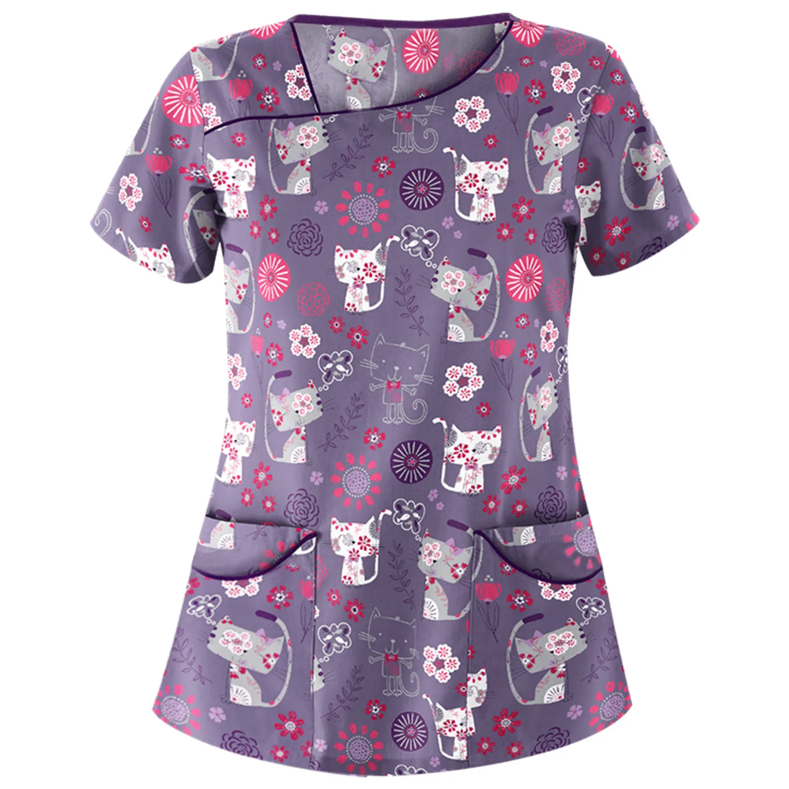 

Nurse Uniform Women Cartoon Animal Print Short Sleeve Blouse Scrubs Tops Nursing Healthcare Workers Workwear Surgical Uniforms