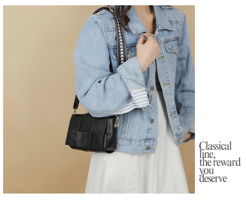 100% Cowhide Women's Shoulder Bags Genuine Leather Woven Crossbody Bags Wide Straps Messenger Bags Fashion Designer Brands Totes