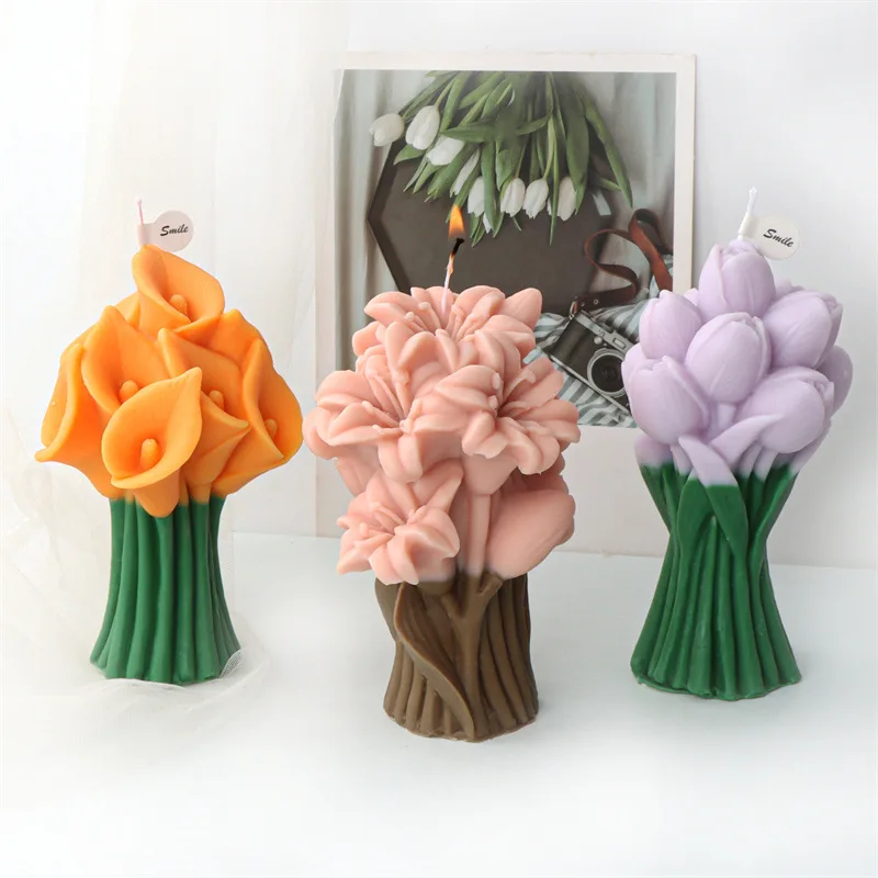 3D Emulation Narcissus Tulip Bouquet Silicone Mold DIY Relief Lily Calla Flower Bundle Wedding Decor Candle Valentine's Day Gift