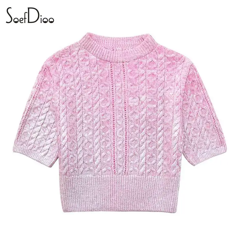 

Soefdioo Twist Knit Pink Cropped Pullover Women Fashion O-Neck Short Sleeve Slim Sweater 2023 Winter Y2K Tops Casual Streetwear