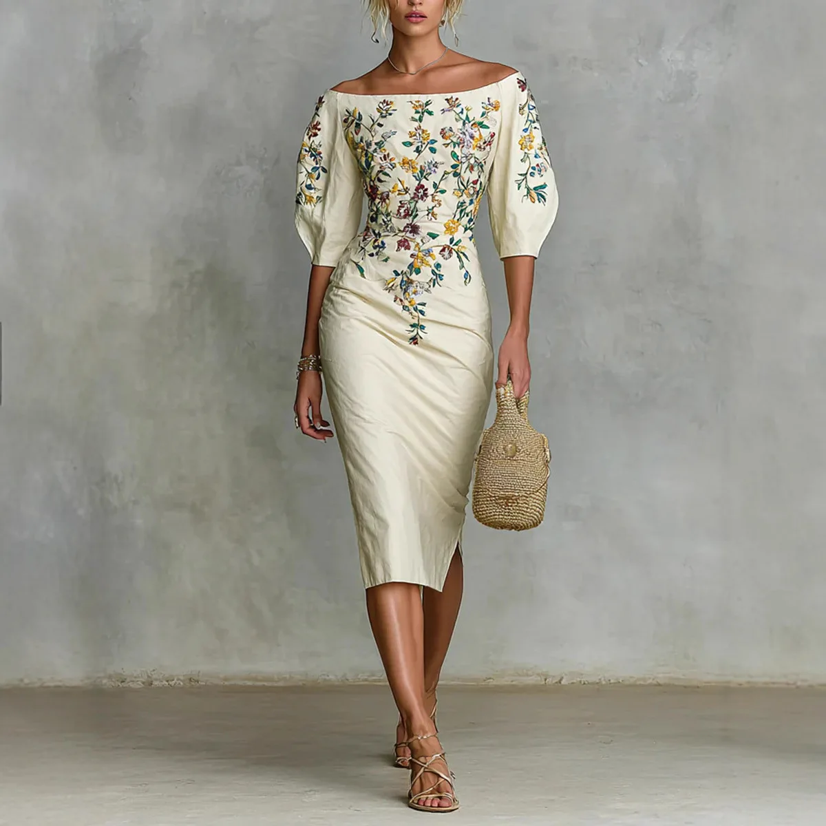 2025 Spring Elegant Floral Print Slim Female Clothing Sexy Slash Neck ...