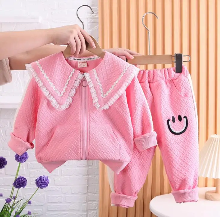 

Korean Style Boutique Outfits 2023 Fashion Girl Lace Collar Smile Printed Zipper Jackets and Pants Kids Tracksuits Baby Clothes