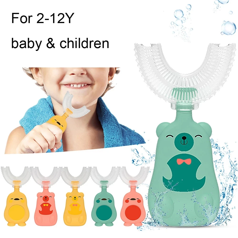 어린이 칫솔 U 모양 360 도 유아 Teether 아기 칫솔, 유아용 어린이 실리콘 브러시 구강 관리 청소