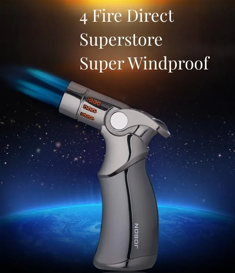 Description Picture 2 of itemJOBON Hot Sale 4 Flame Direct Flush Turbo Torch Butane Gas Lighter H Flame Adjustable Wormwood Cigar Special Windproof Lighter