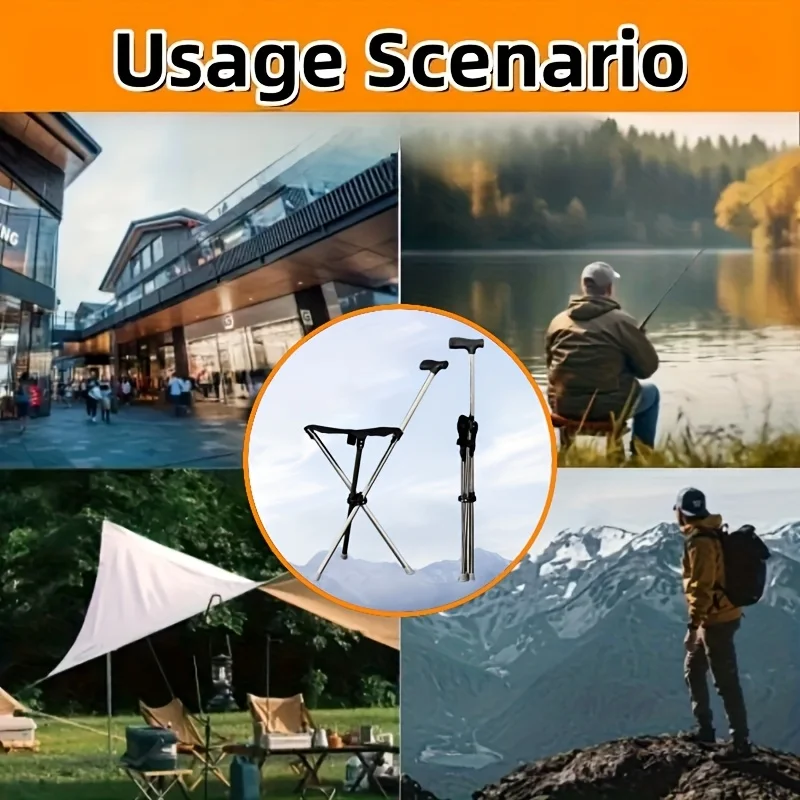 2-in-1 Folding Cane Stool, Non Slip Base and Ergonomic Grip, Lightweight, Suitable for Hiking, Camping, and Travel