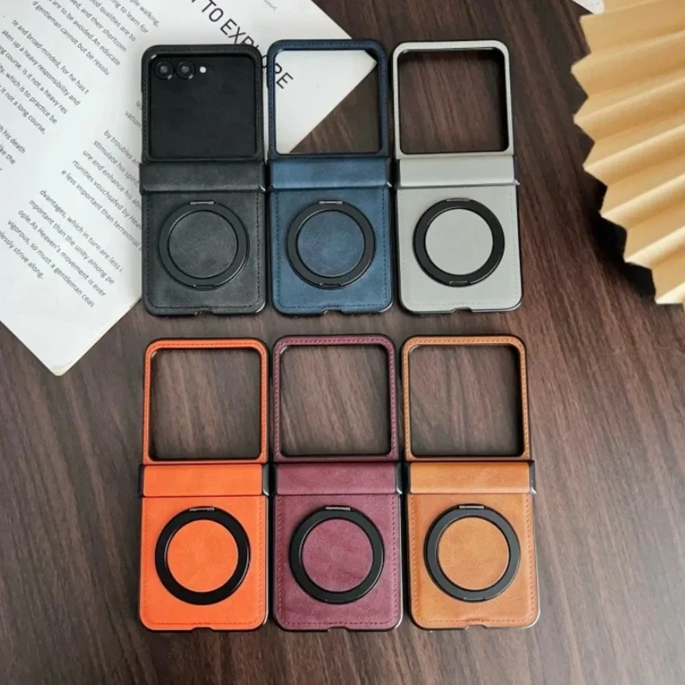 Elegant Retro PU Leather Phone Case with Rotatable Holder and Anti-Drop Back Cover