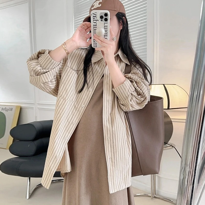 Pregnant Women New lapel Loose Button Shirt + Tank Dress Mother Stripe Long Sleeved Top Jacket Solid Color Maternity Dress Wear