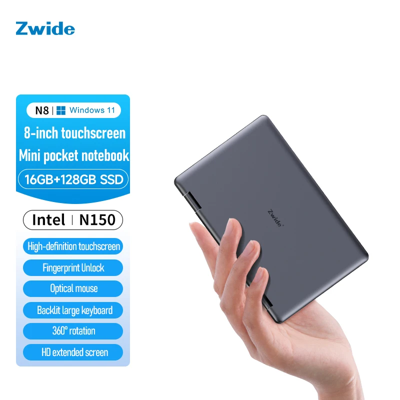 Zwide Mini ordinateur portable N8 Intel N150 Windows 11 Pro 8 "pouces IPS 1920x1200 pixels FHD TP 16GB LPDDR5 ordinateur portable de poche 360 °   Tourner le yoga