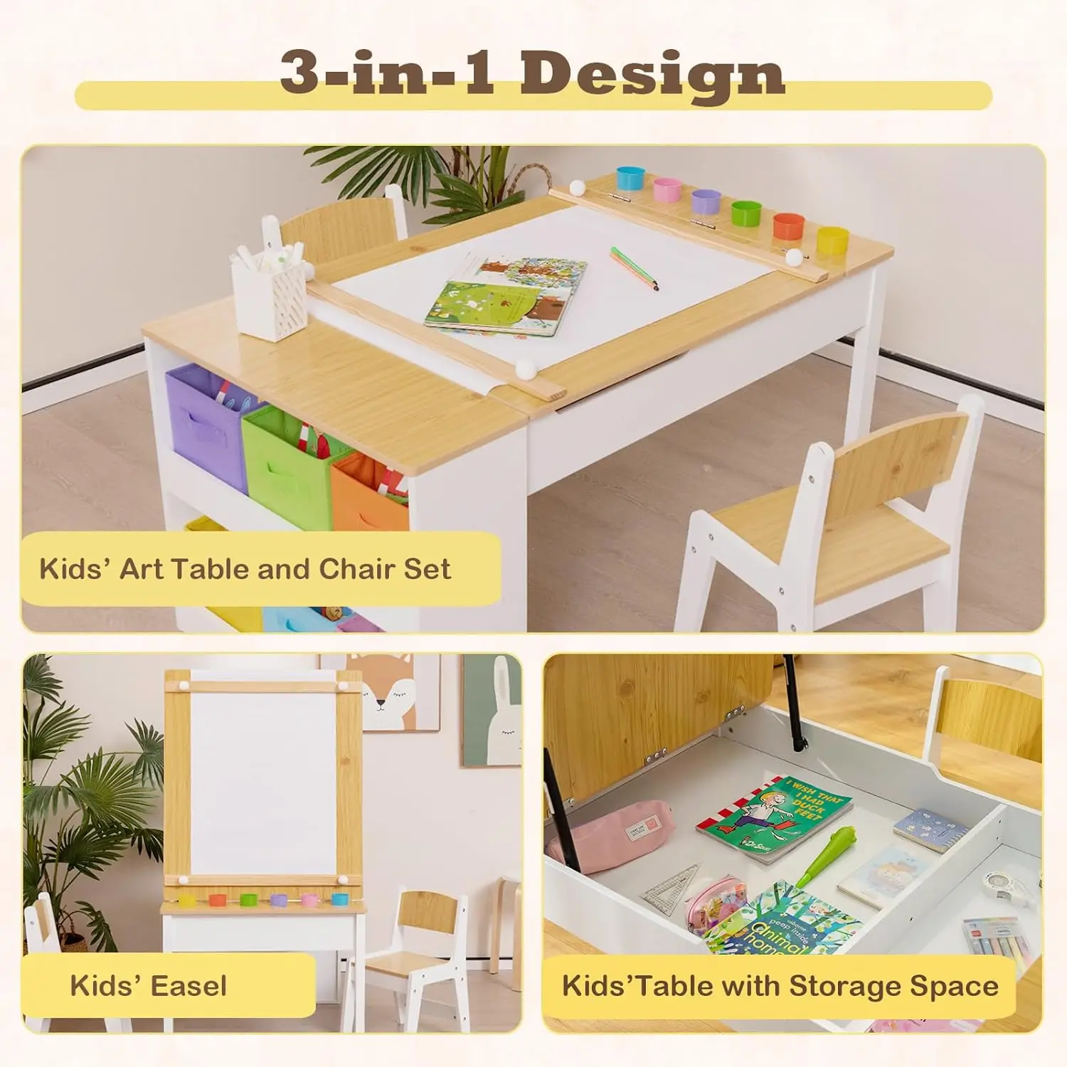 3 in 1 Kids Table and Chair Set, Wood Art Table & Easel Set with 2 Chairs, 6 Storage Bins, Paper Roller, Paint Cups for