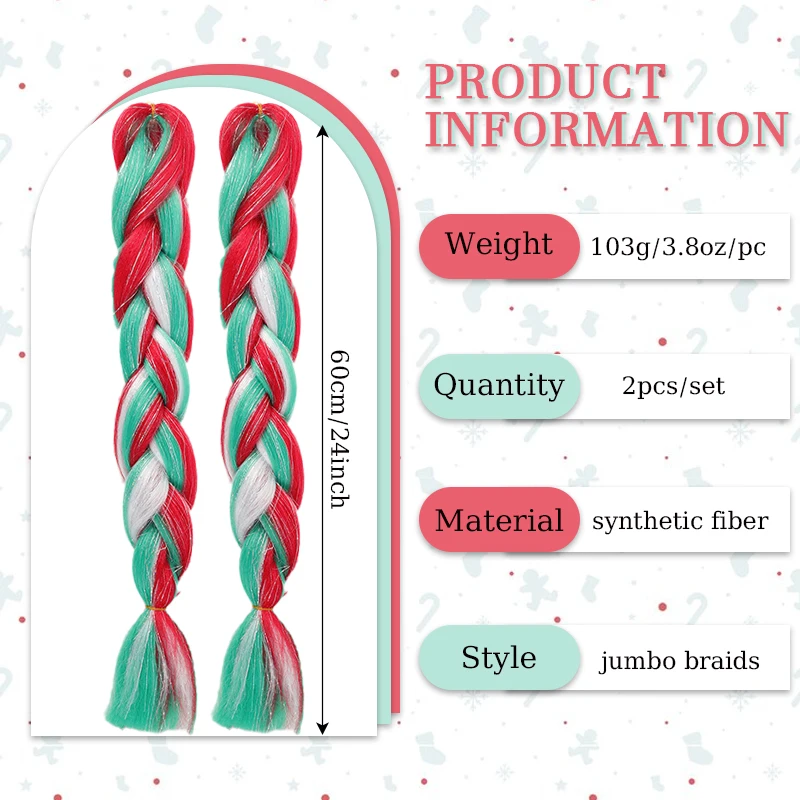 2Pcs Hair Ponytail Extensions Hairpiece for Braiding Jumbo Braids with Shiny Tinsel Hair Wig Christmas-themed Hairstyle for Kids