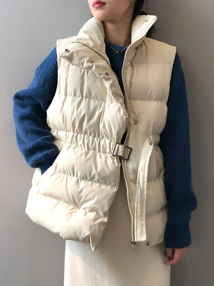 

Fashion Belted Winter Vest Women Casual Zip Sleeveless Jacket Elegant Stand Collar Outerwear Female Solid Down Vest With Pocket