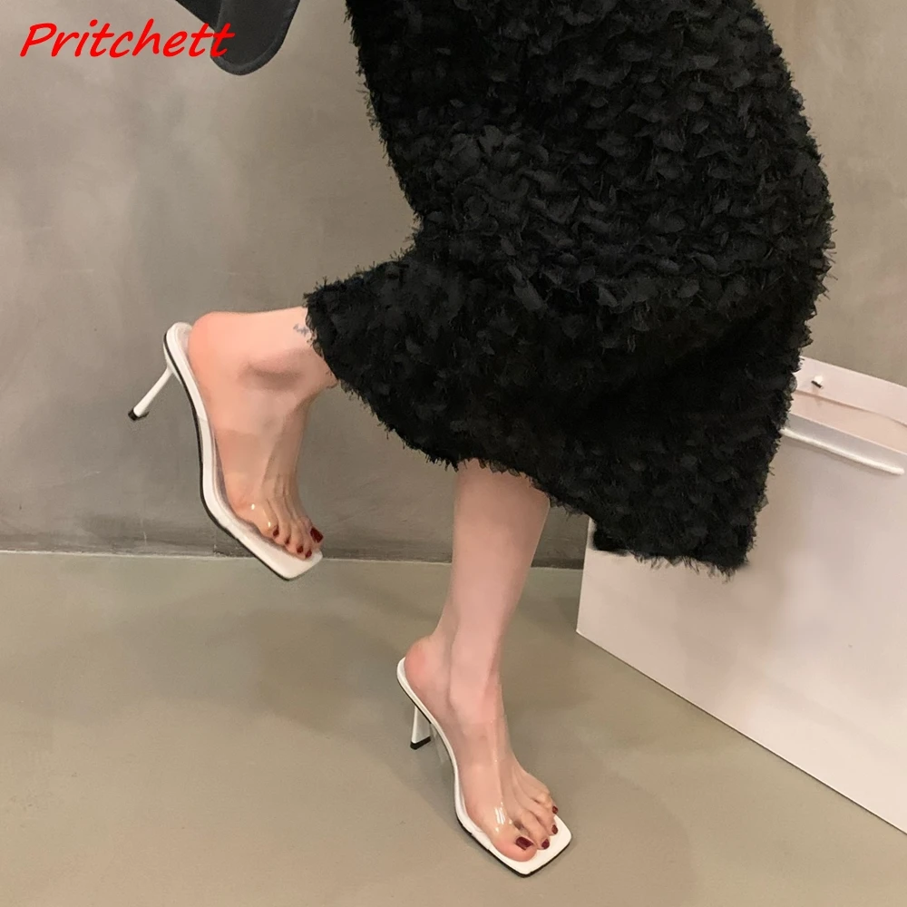 

Clear One Word Belt Summer Slippers Square Toe Slingback Slip On Sexy Stiletto Heel Newest Casual Party Fashion Slides for Women