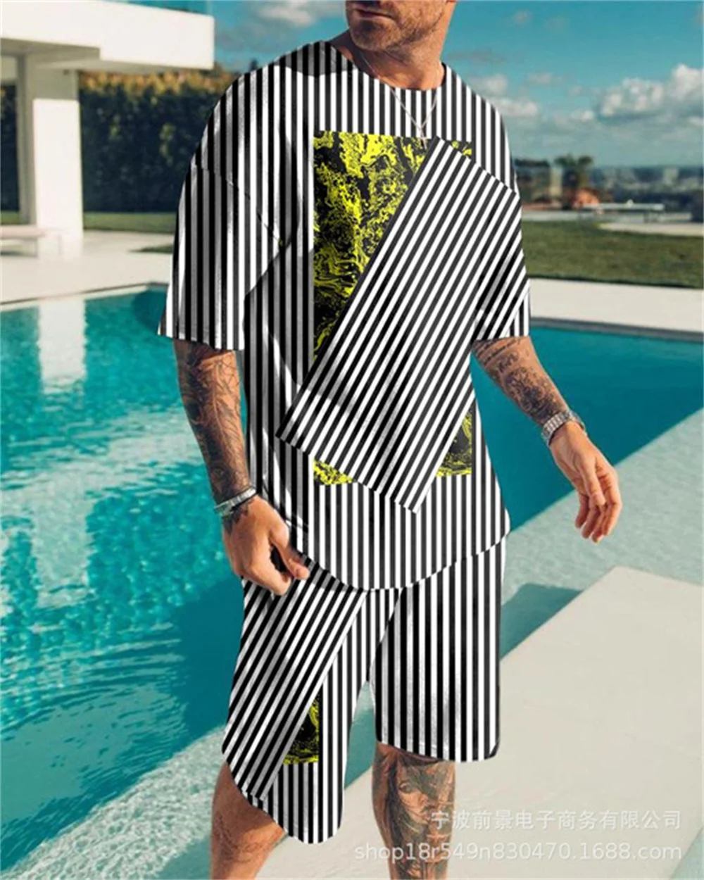 

Summer Men's 3D Printed Personality Casual T-shirt + Shorts Fashion Sports Crewneck Street Jogging Oversized Size Two-piece Set