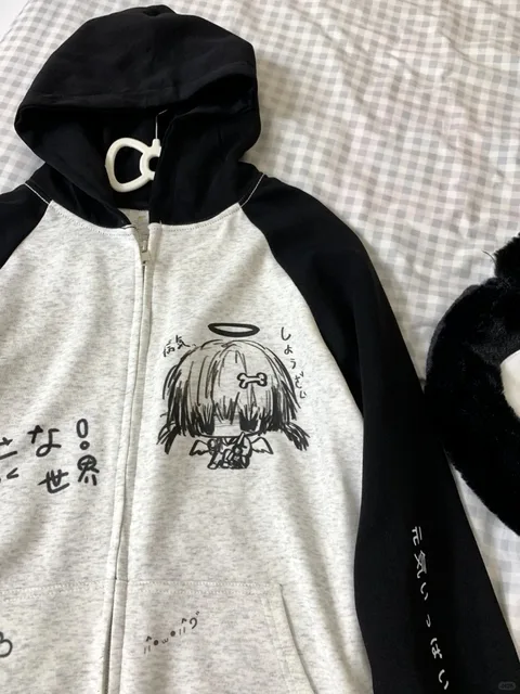 Zip Up Hoodie Cartoon Japanese Grunge Sweatshirt Women Clothing Streetwear Anime Print Jackets Y2k Tops Casual Loose Outerwear 2
