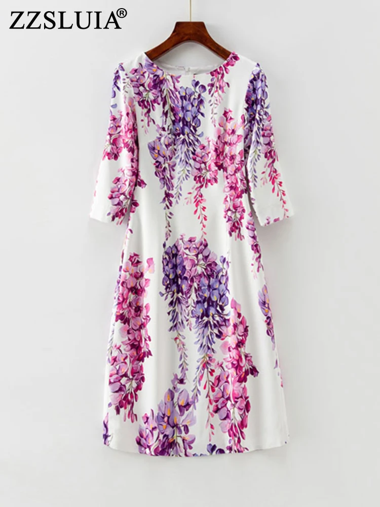 

ZZSLUIA Vintage Dresses For Women Floral Printed Designer Slim Dress Fashion Three Quarter Sleeve Elegant Dresses Female Clothes