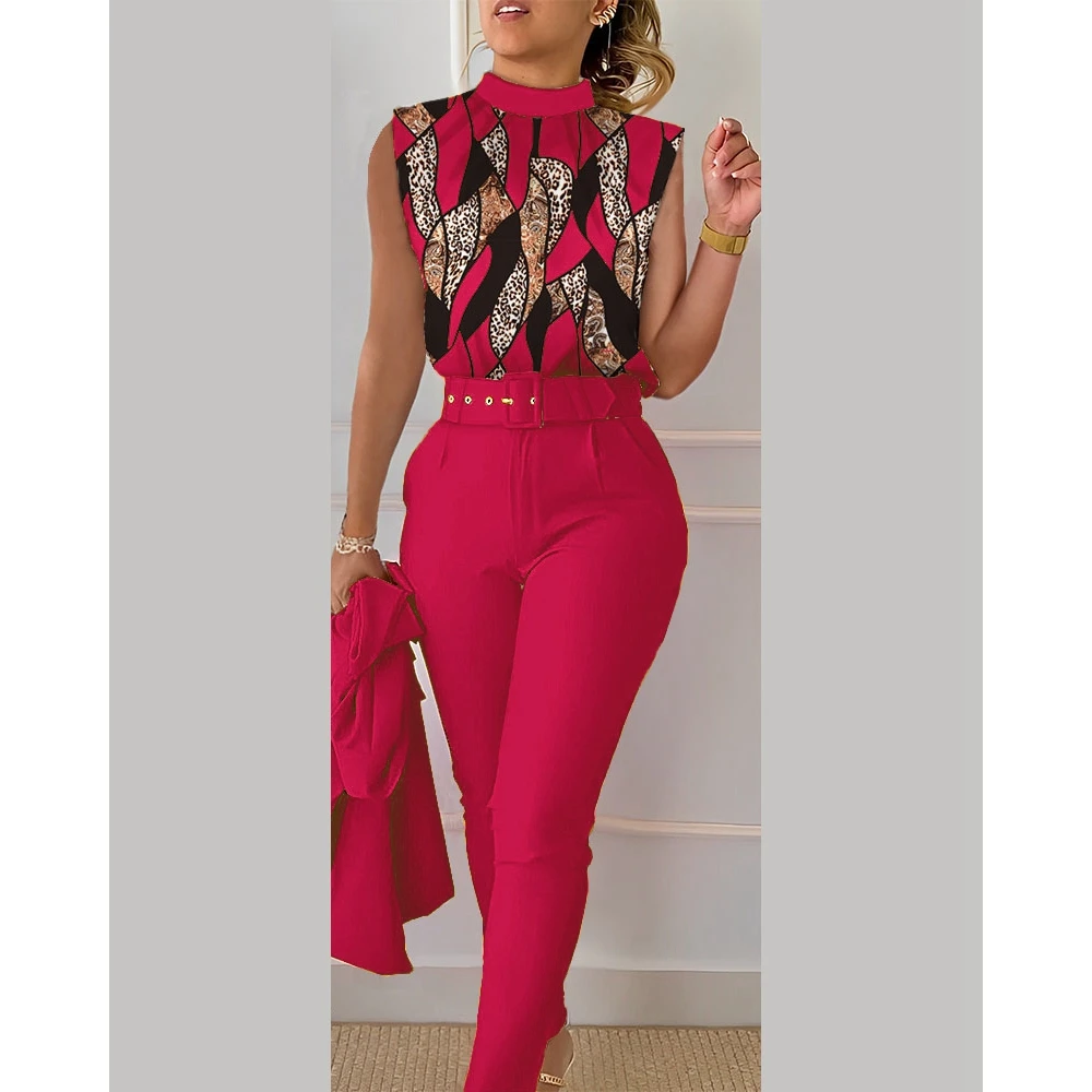Summer Two Piece Slim Suit Sets Workwear Female Office Lady Casual Leopard Print Sleeveless Top & Pants Set for Women With Belt