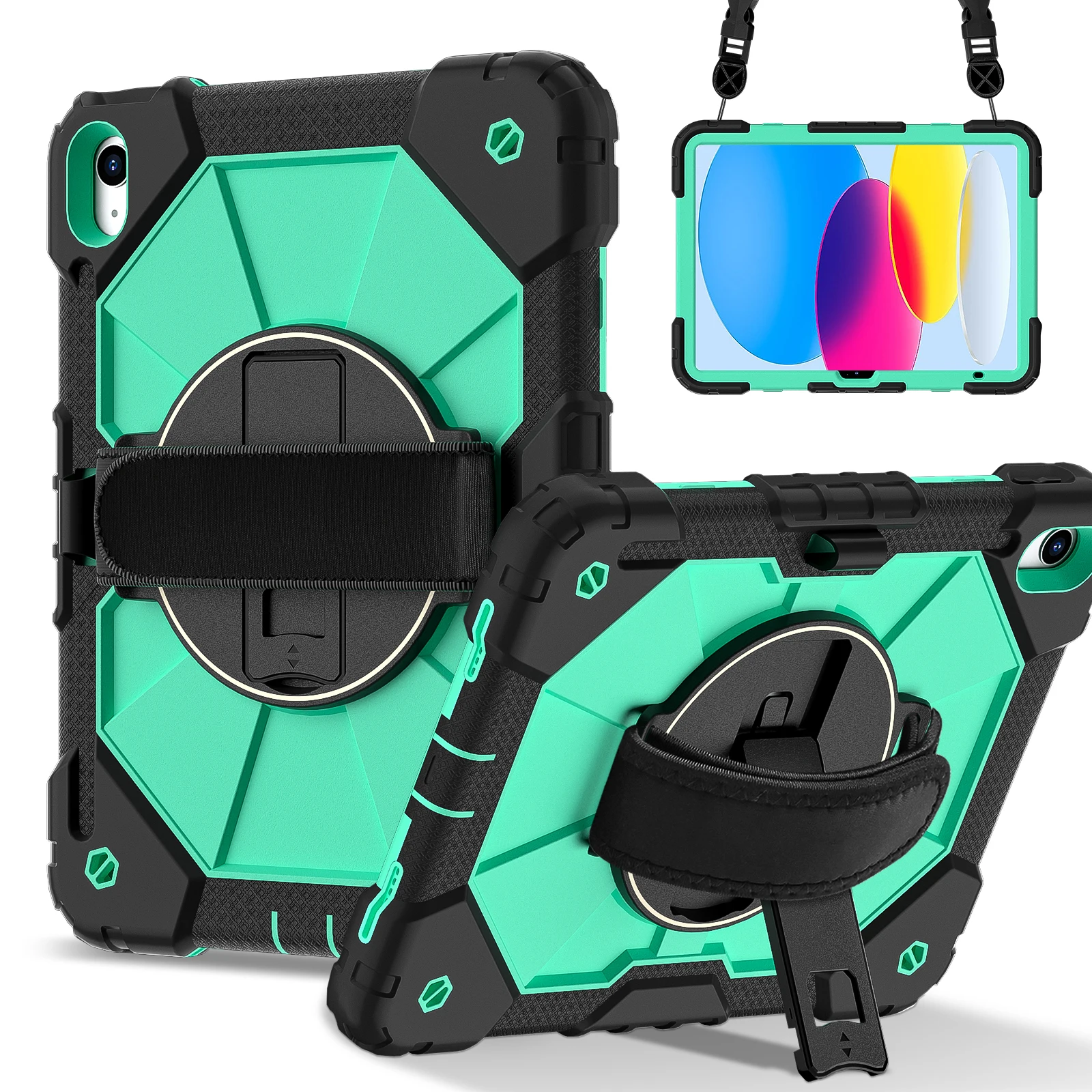 Kids Tablet Case with Hand Strap - 360° Rotatable Handle Stand, Shockproof Rugged Silicone Cover