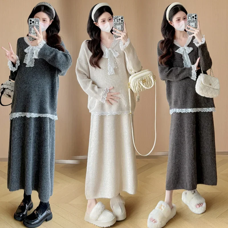 Fashionable Autumn/Winter Maternity Suit Plus Size Elegant Trendy Sweater Cardigan+Skirt 2-piece Set For Pregnant Women