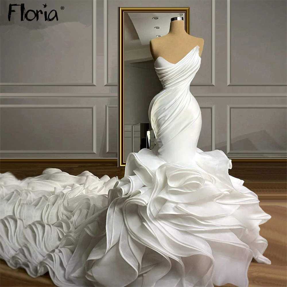 

Ruffles Royal Train Satin Wedding Dress White/Ivory Dubai Luxury Bridal Gowns Strapless Lace Up Mermaid Robe de Mariée 2024