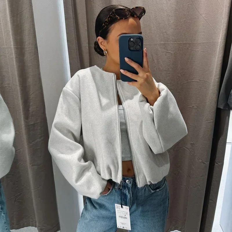 Retro Solid Woolen Women's Bomber Jacket Long Lantern Sleeves Pockets O-neck Loose Female Coat Autumn High Street Outwears