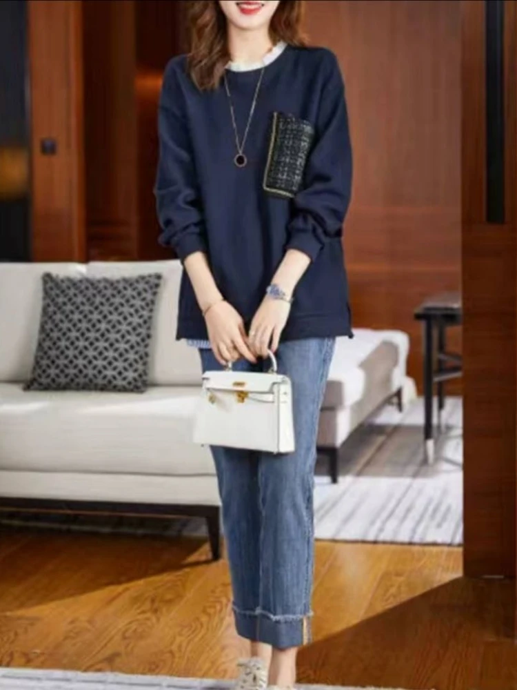 

Pullovers Round Neck Blue Women's Sweatshirt Graphic Woman Clothing Aesthetic E Matching Harajuku Fashion Top Nice Color Warm M