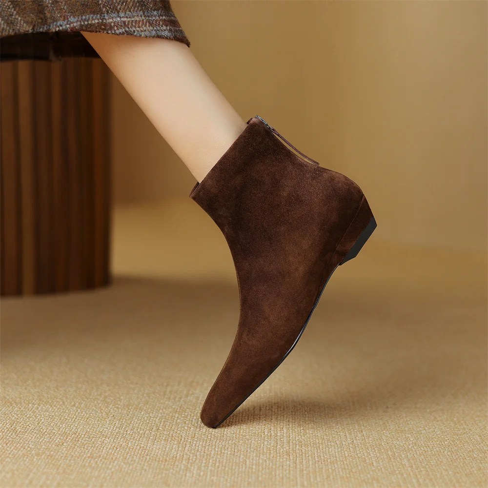 Plus size 34-42 women's natural suede leather back zip autumn flats ankle boots square toe casual female high quality short boot