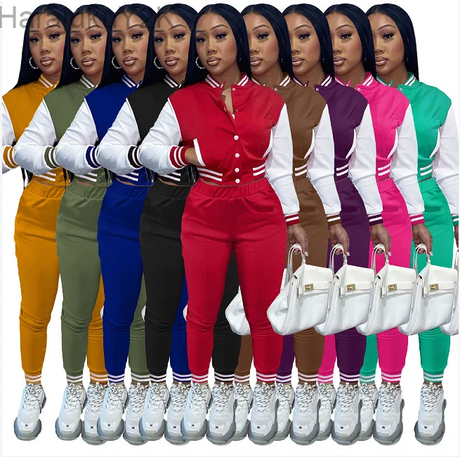 

Fashion Baseball Jurk Tracksuit Two Piece Set Women Casual Sport Varsity Bomber Jacket Top+Skinny Pants Street Matching Outfits