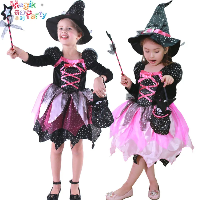 

Kid Girls Halloween Witch Costume Sparkly Silver Stars Printed Carnival Cosplay Dress with Pointed Hat Wand Dress Up Clothes