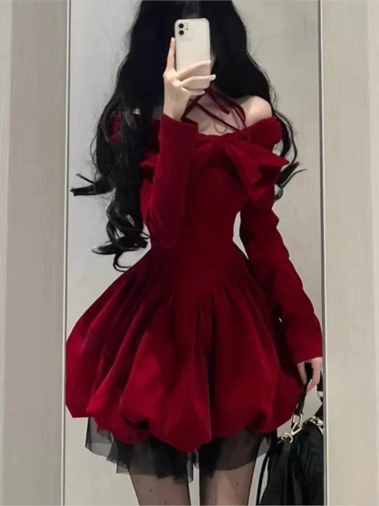 

2024 Spring New Elegant Bow Y2K Dress Women Kawaii Mesh Patchwork A-Line Mini Birthday Dresses Korean Fashion Princess Clothes