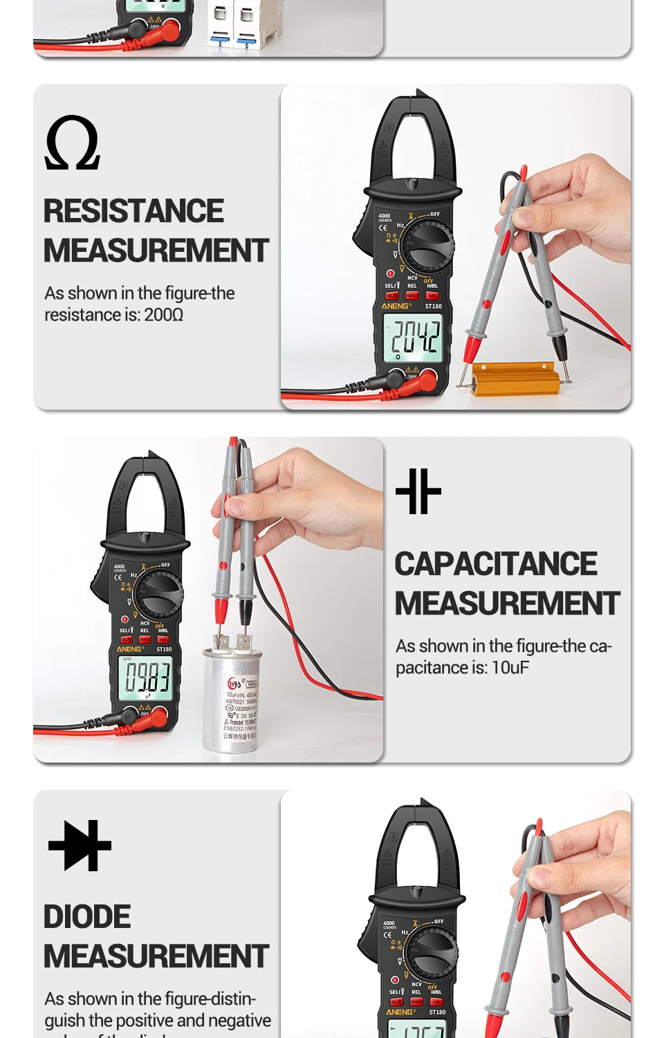 ANENG ST180 4000 Counts Digital Clamp Meter AC Strom Multimeter Amperemeter Spannung Tester Auto Amp Hz Kapazität NCV Ohm Werkzeug – Detail 6