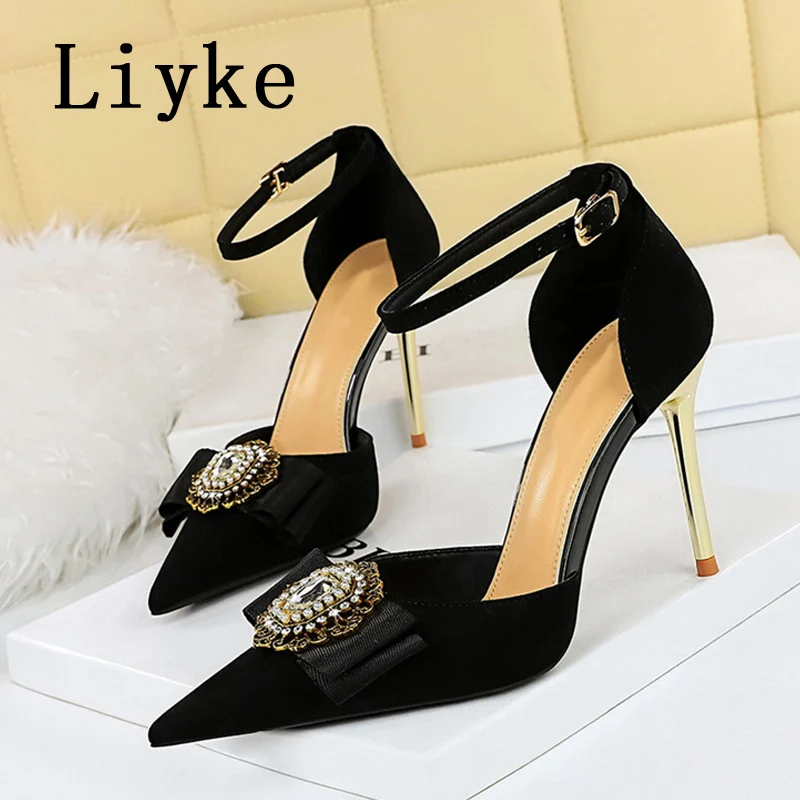 

Liyke Size 34-40 Sexy Crystal Metal Buckle Pointed Toe Stiletto High Heels Slingback Shoes Sandals Black Ankle Strap Women Pumps
