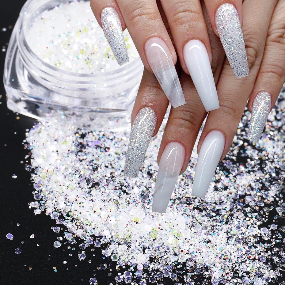 6pc Glitter for Nails Mixed Hexagon Sequin Champagne Laser Sliver Nail Art Flakes Paillette Manicure Decoration Design LA1539-27 nail glitter nail decoration nail decorations nail flakes