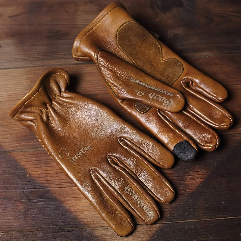 Retro Weathered Top Layer Cowhide Gloves Outdoor Genuine Leather Men's Sports Adventure Wear Resistant Fireproof Full Leather