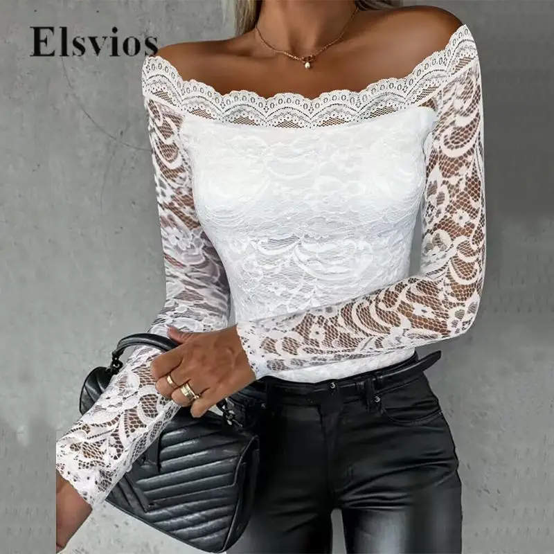 

2024 Spring Hollow Out Lace Blouse Solid New Sexy Off Shoulder Slim Tight Tee Shirt Blusa Women Casual Long Sleeve Pullover Tops