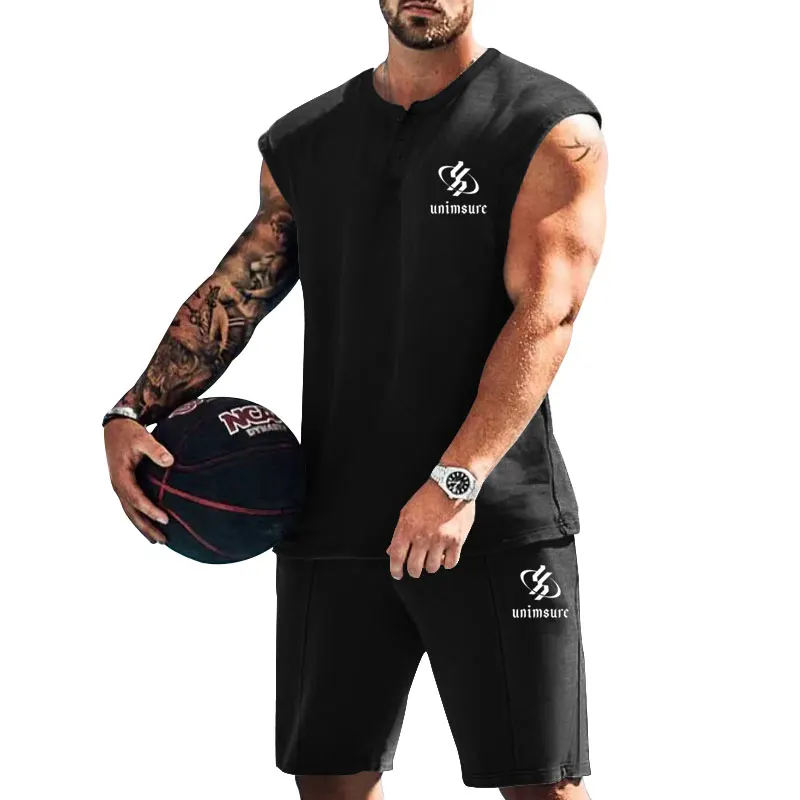 The New Summer Men's Tracksuit Simple Printed Henley Collar Sleeveless Vest And Shorts Two-piece Casual Fitness Training Wear