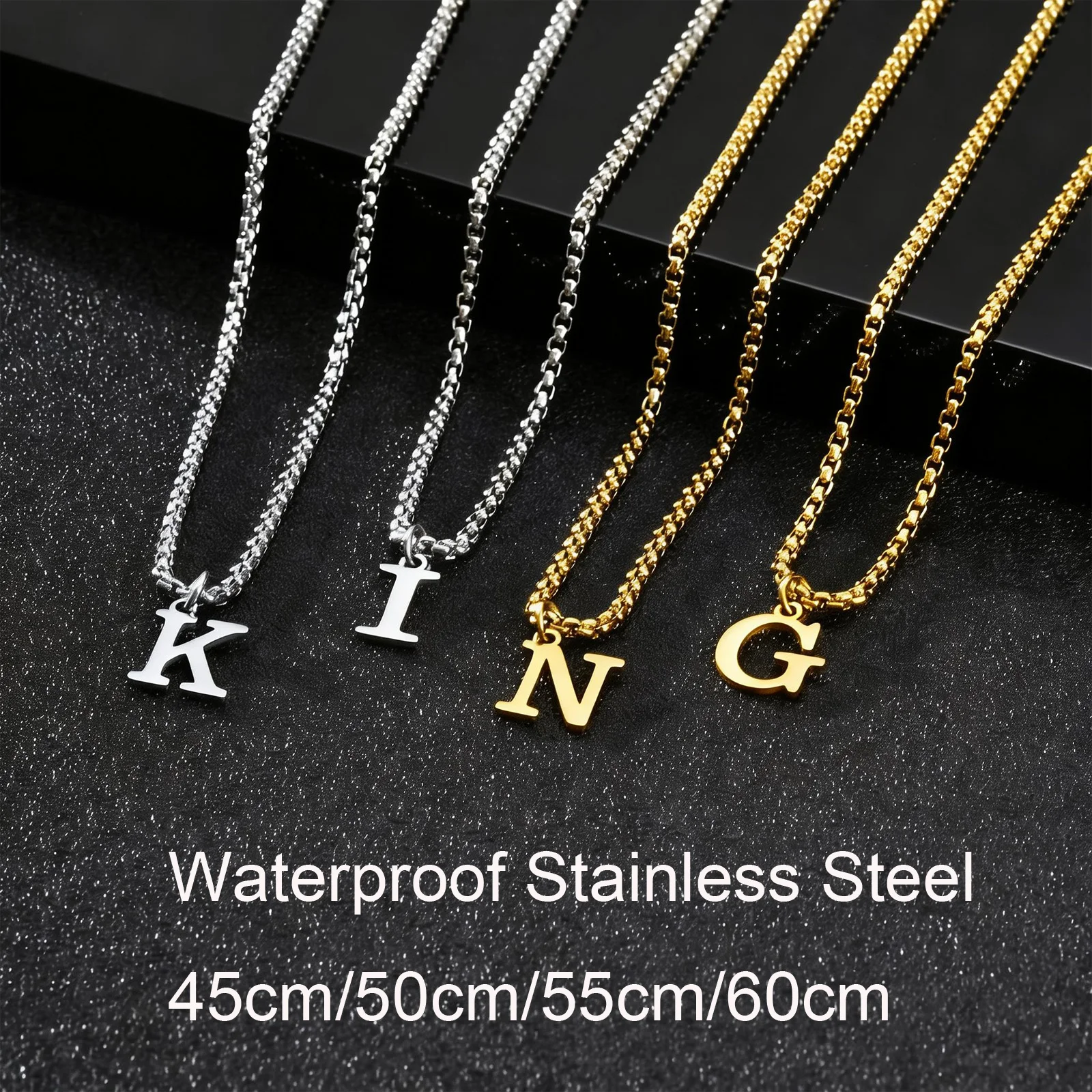 Gold Initials Chain Necklace for Men - Personalized Letter Pendant on Stainless Steel Box Chain
