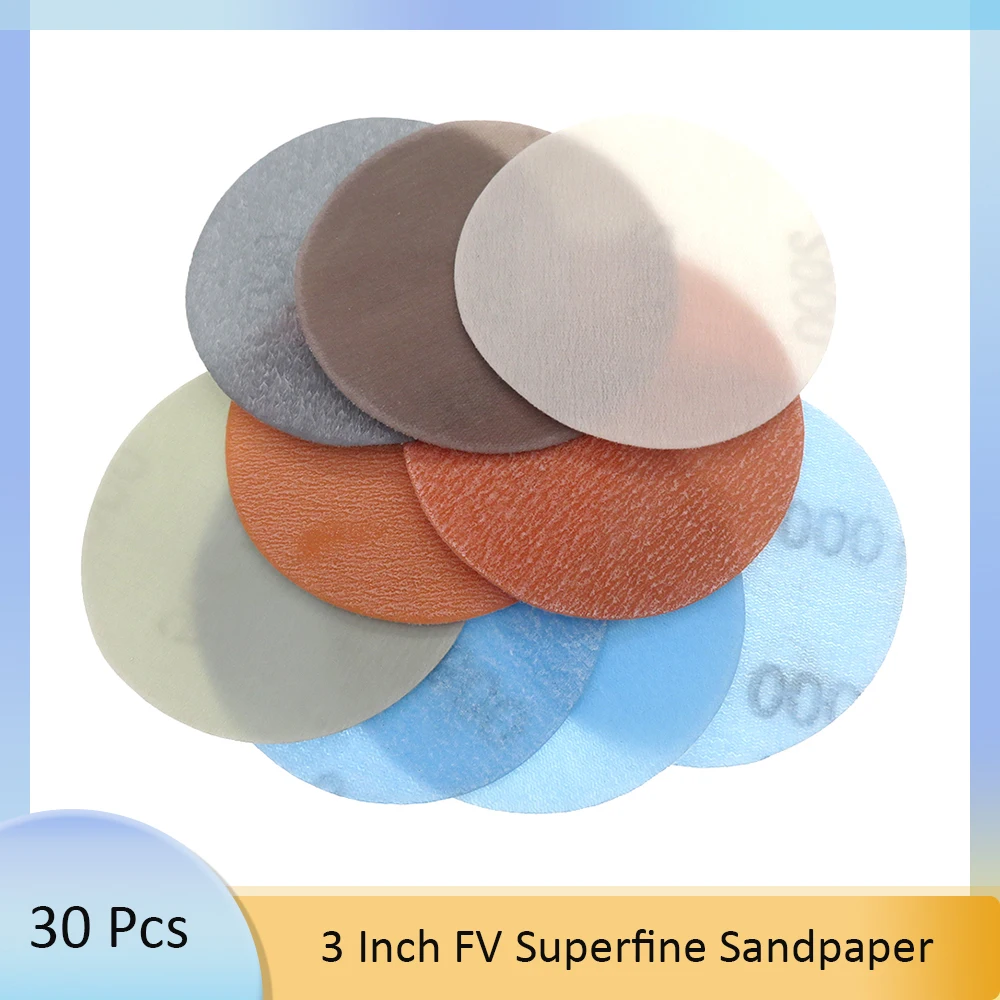 FV Superfine Soft Polish Wet and Dray Hook & Loop Auto Body Film Sanding Discs Paint Abrasive Sandpaper 30PCS 3 Inch 75mm