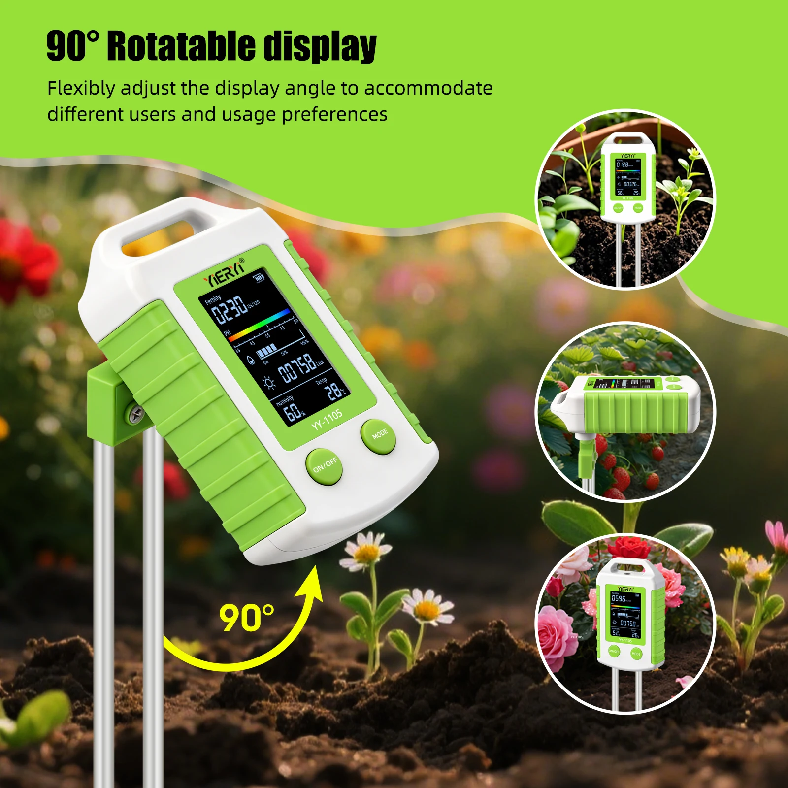 6-in-1 Soil PH Meter Fertility Temperature Humidity Light Tester 90° Rotatable L