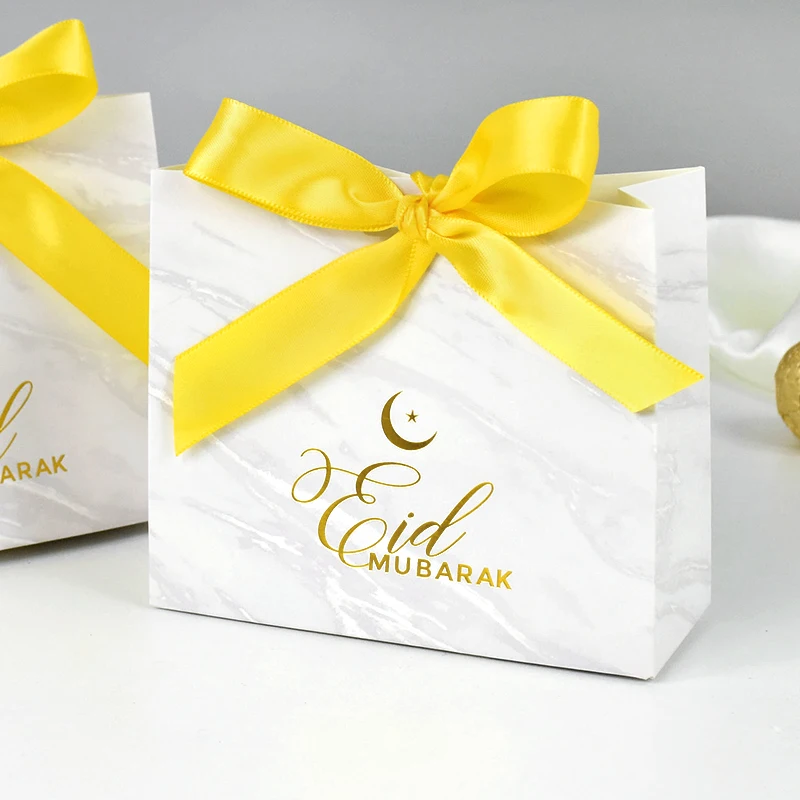 

5Pcs EID Mubarak Candy Box Golden Silk Ribbon Gift Box Ramadan Decoration 2024 Islamic Muslims Festival Party Supplies