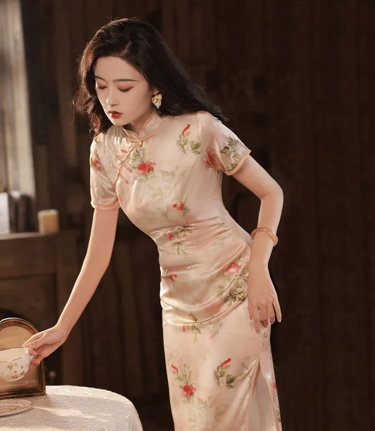

Print Women Long Cheongsam Mandarin Collar Chinese Tradition Style Dress Vintgae Elegant Qipao Clothes Summer Banquet Gown