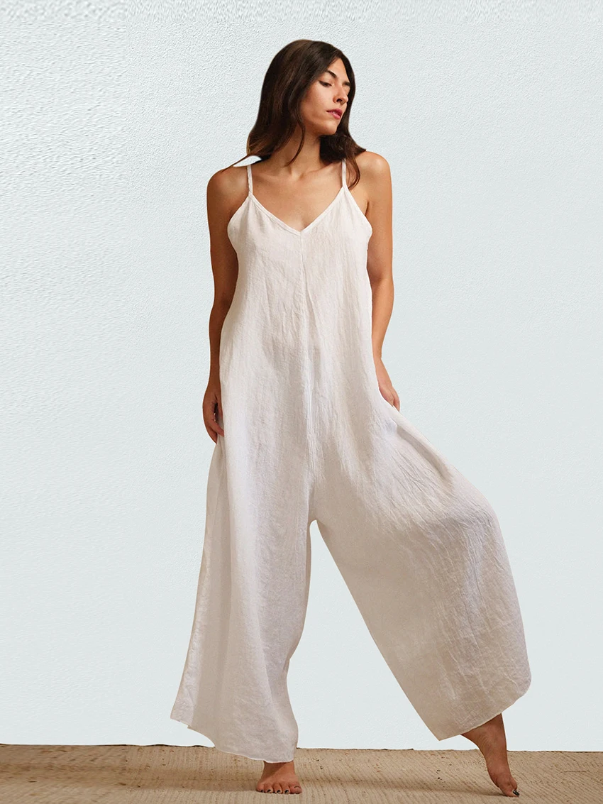 Marthaqiqi Loose Apricot Women Jumpsuit Sexy Spaghetti Strap Sleepwear Backless Nightie Sleeveless Pajamas Casual Ladies Pajamas