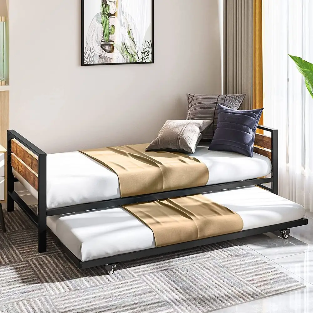 

Twin Daybed with Pull Out Trundle Steel Slat Support Adjustable Sofa Bed Couch