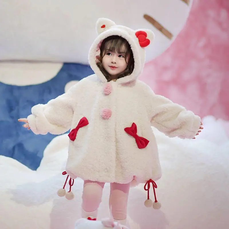 

New Kawaii Cartoon Sanrios Plush Jacket Hellokittys Cute Anime Winter Girl Plus Velvet Plush Overcoat Coat Hooded Keep Warm