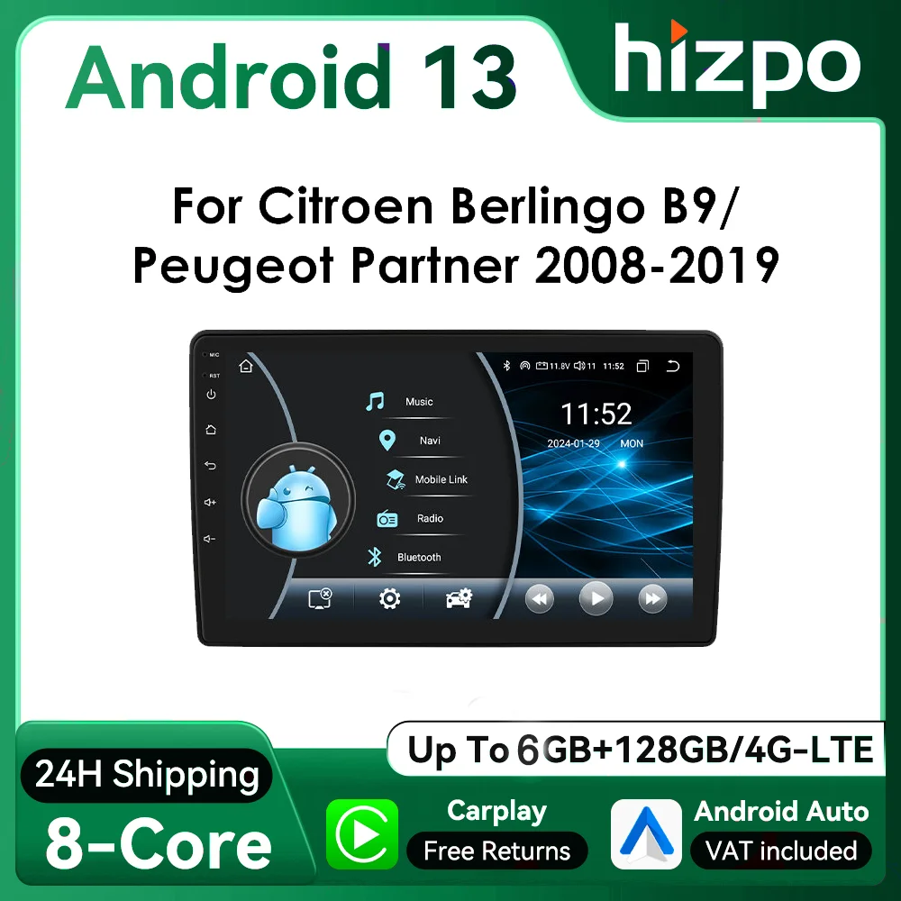9" Hizpo Android13 Autoradio für Citroen Berlingo B9 Peugeot Partner 2008 - 2019 Auto Stereo RDS DSP GPS CarPlay UI8581 System