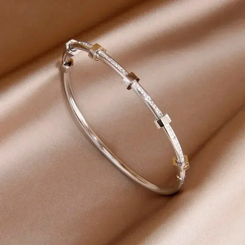 Zirconia bangle Round Cubic Zirconia Bangles For Women Men Stainless Steel Crystal Bangle Party Jewelry