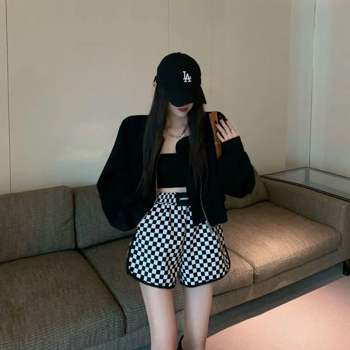 bike shorts women Casual pants women's new checkerboard high waist slim sports shorts fashion dress