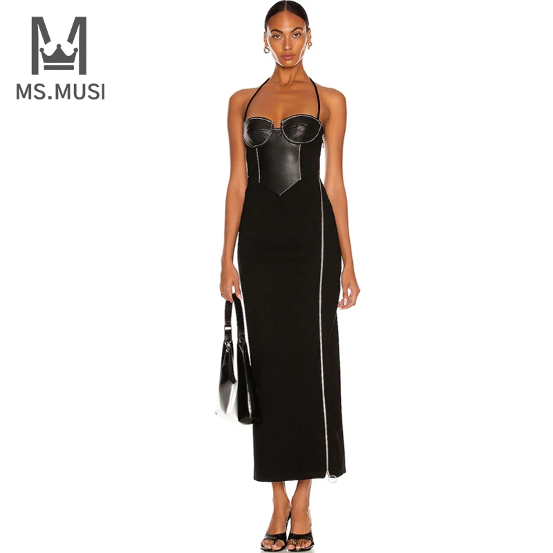 

MSMUSI 2022 New Fashion Women Sexy PU Leather Halter Sleeveless Zipper Bandage Patchwork Backless Slit Bodycon Club Midi Dress