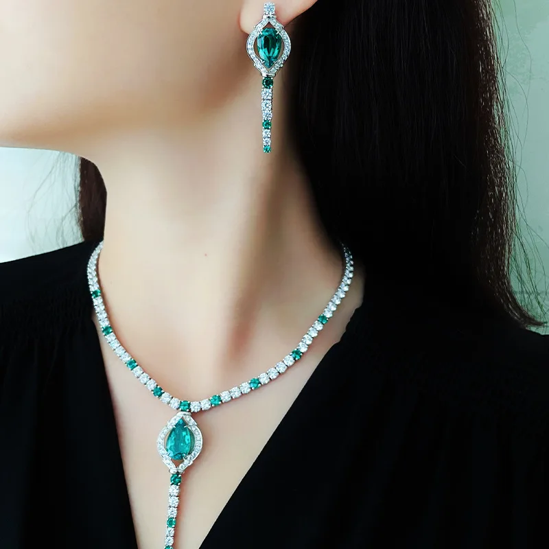 HOYON s925 Silver Diamond Crystal Emerald Women's Necklace Long Earrings Necklace Set for Wedding Party Jewelry Gift pendant necklace silver necklace