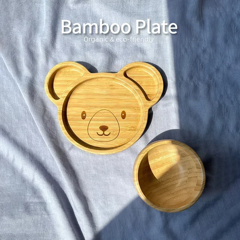Children's Animal Pattern Bamboo Tableware with Base Suction Cup Baby Feeding Tableware Bamboo Plate Dinner Plate BPA Non-slip 3