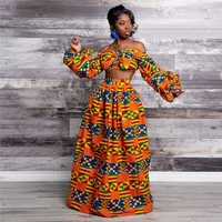 Elegant Women Two Piece Set Dress Sexy Slash-neck Sleeveless Blouse Top +High Slit Skirt Vintage Africa National Print Lady Suit 1